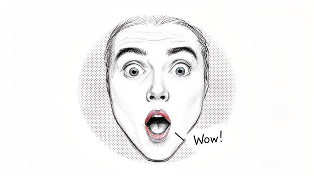 A monochrome sketch of a person's face with wide eyes and open mouth, expressing surprise, with the word 'Wow!' written next to it.