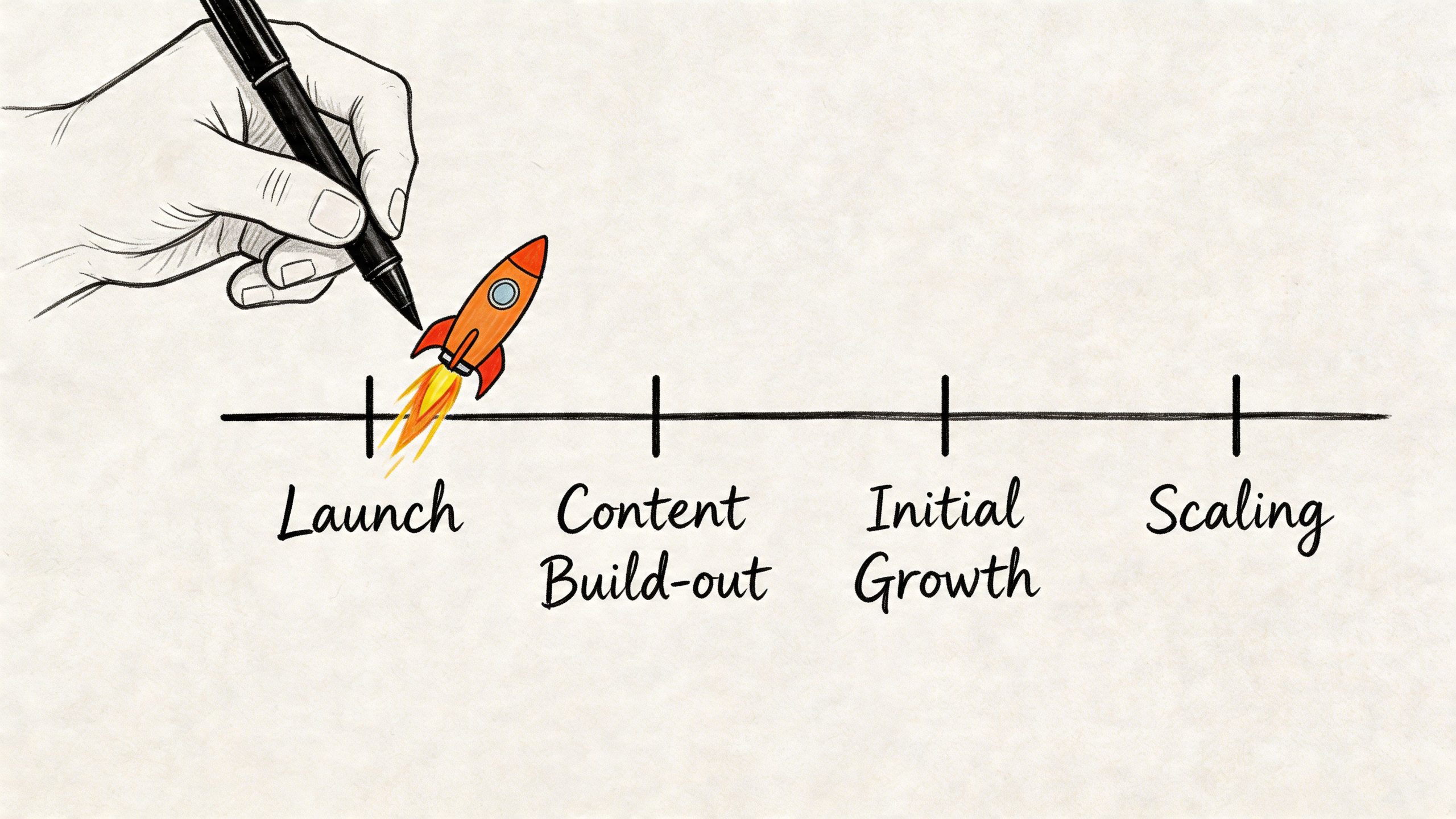 A hand-drawn illustration depicting a business timeline labeled launch, content build-out, initial growth, and scaling.
