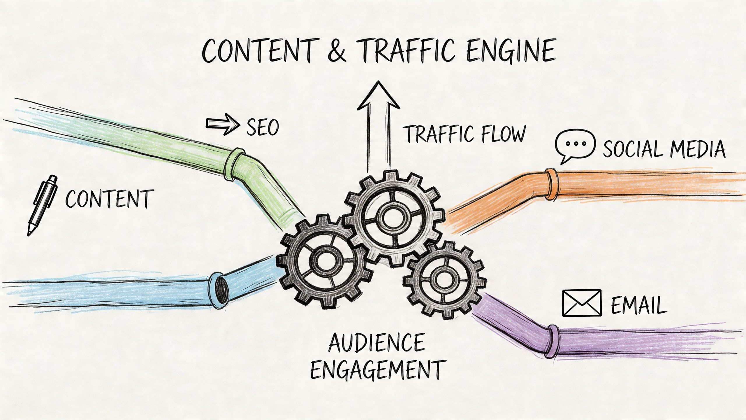 A diagram illustrating a Content and Traffic Engine connecting SEO, social media, and email channels.