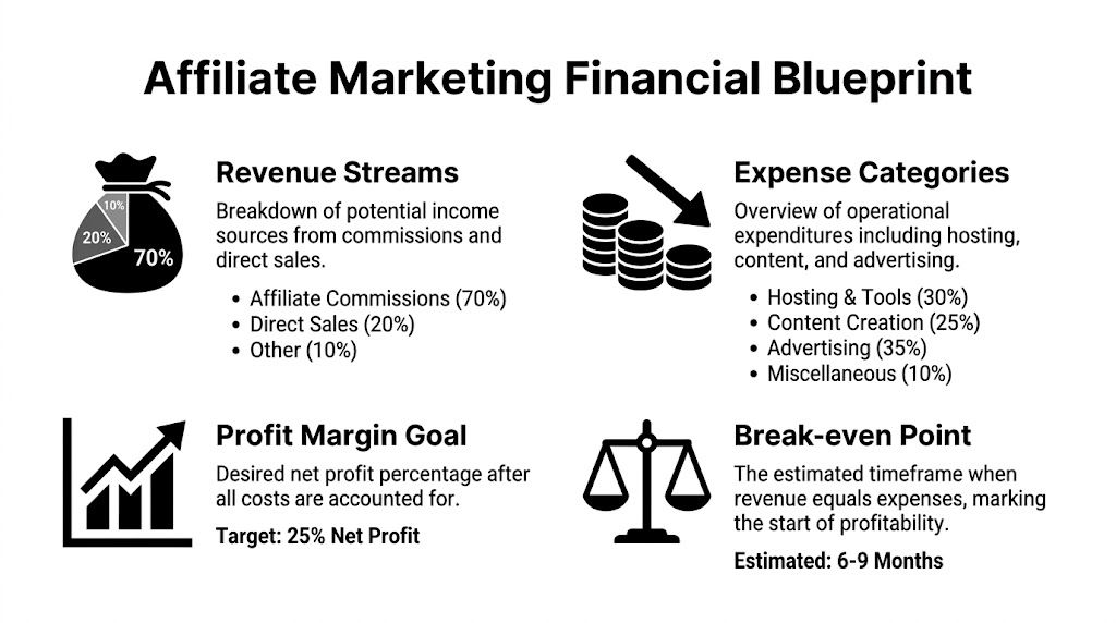An infographic titled Affiliate Marketing Financial Blueprint detailing revenue streams, expense categories, profit goals, and break-even points.