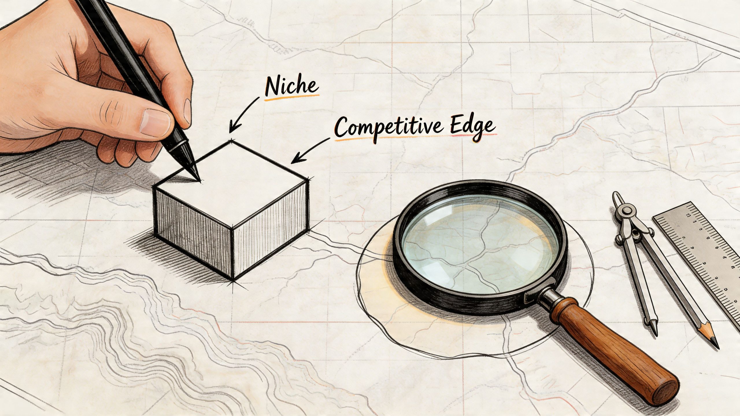 A hand drawing a box on a map with a magnifying glass, representing business strategy and planning.