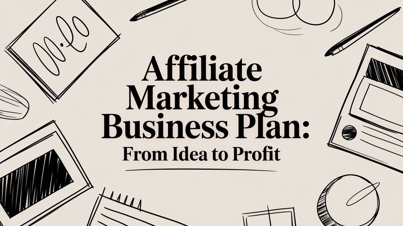 affiliate-marketing-business-plan-sketched-planning - EntreResource.com Title card reading 'Affiliate Marketing Business Plan: From Idea to Profit' with sketch-style doodles of notebooks and pens around.