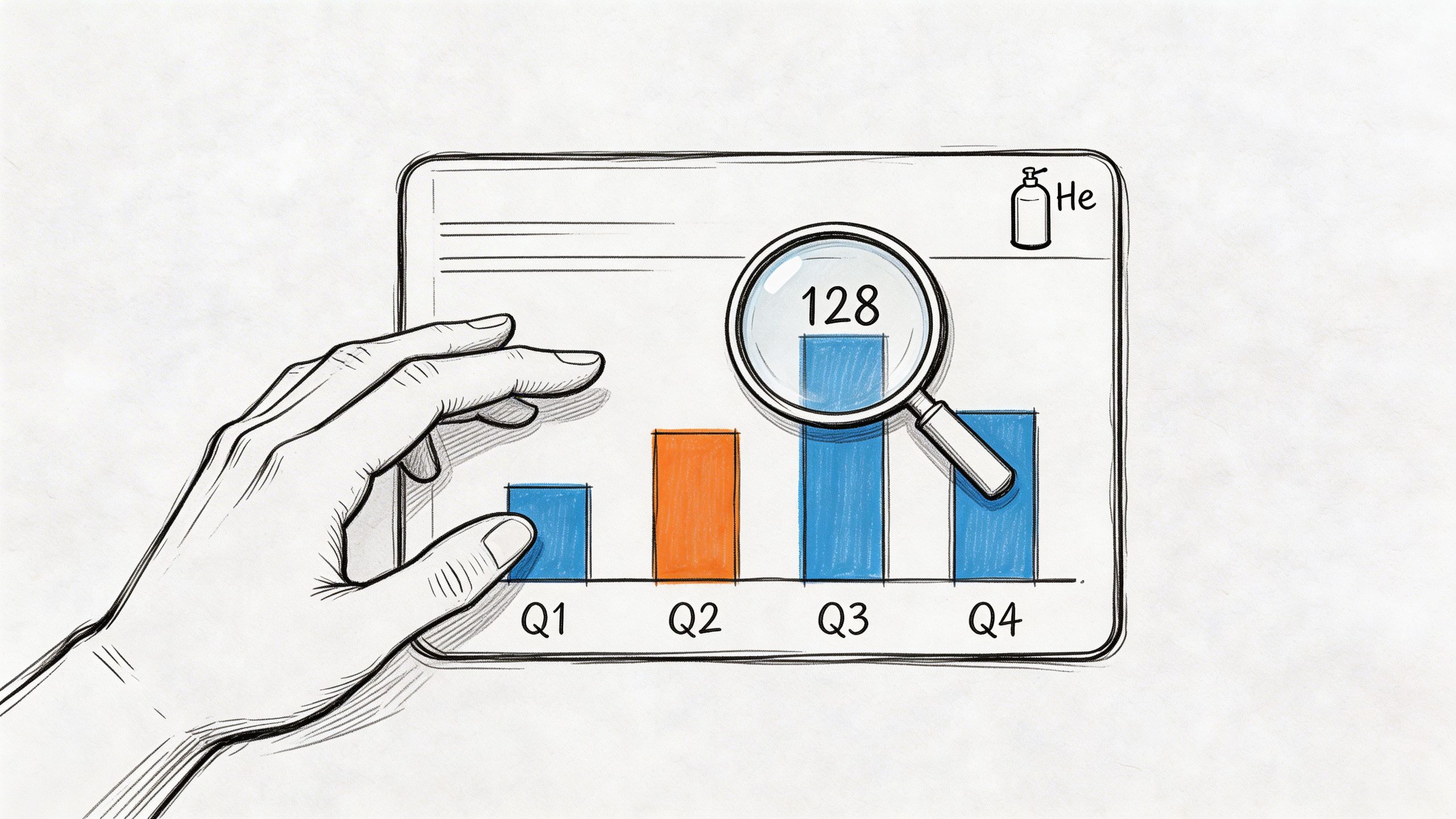 A hand examines a business chart showing quarterly sales performance using a magnifying glass on a tablet.
