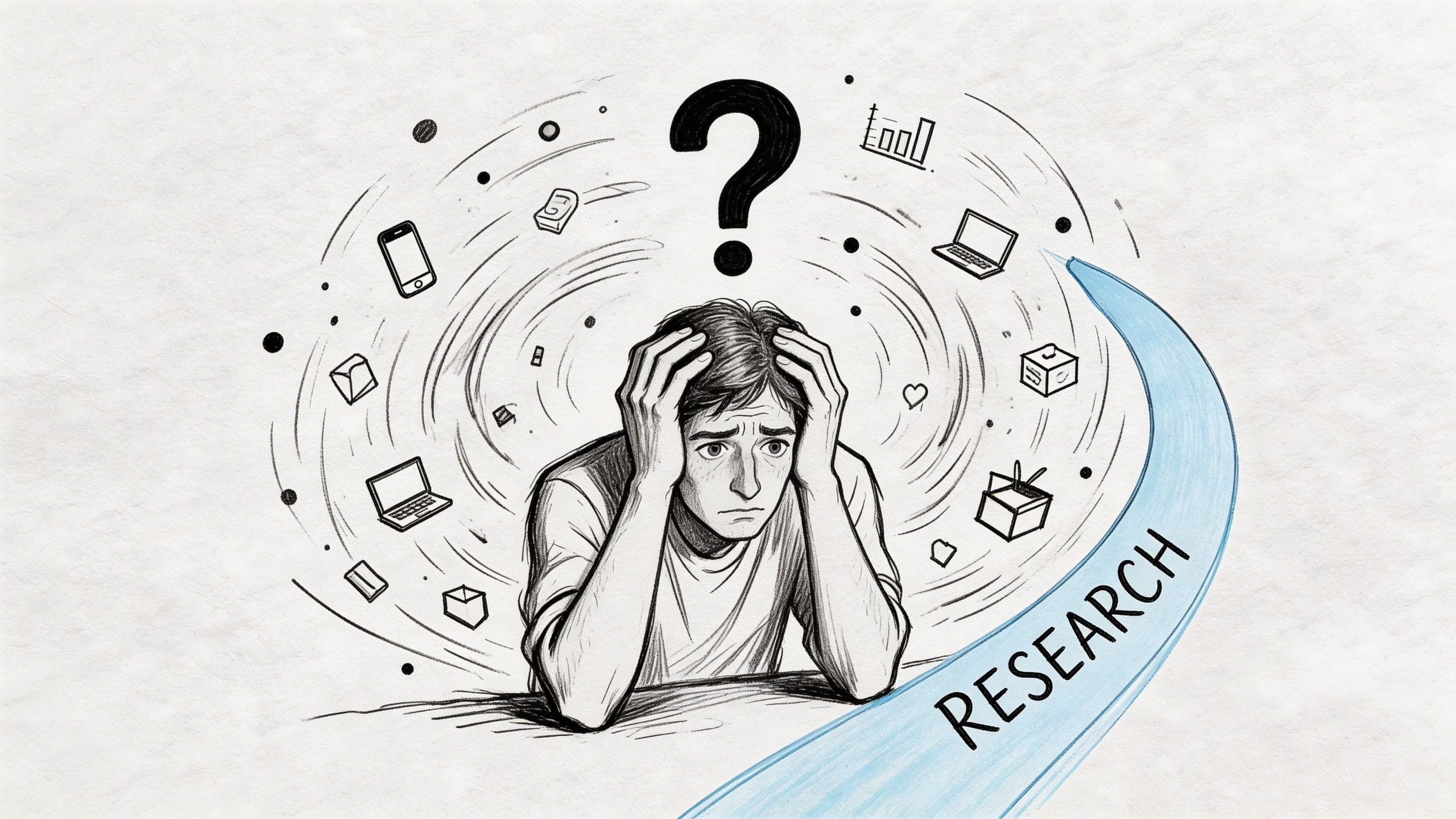 A pencil sketch of a stressed person surrounded by icons representing digital information and research tasks.