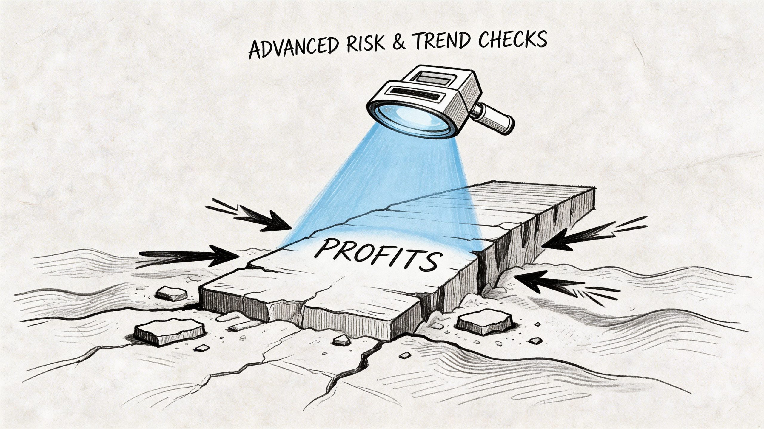 A magnifying glass inspecting the word PROFITS, representing advanced risk and trend analysis for business growth.