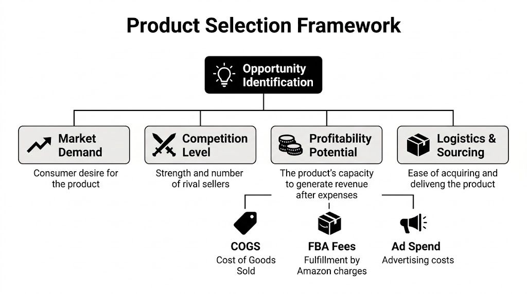 A diagram illustrating the product selection framework for Amazon FBA including market demand, competition, and profitability.