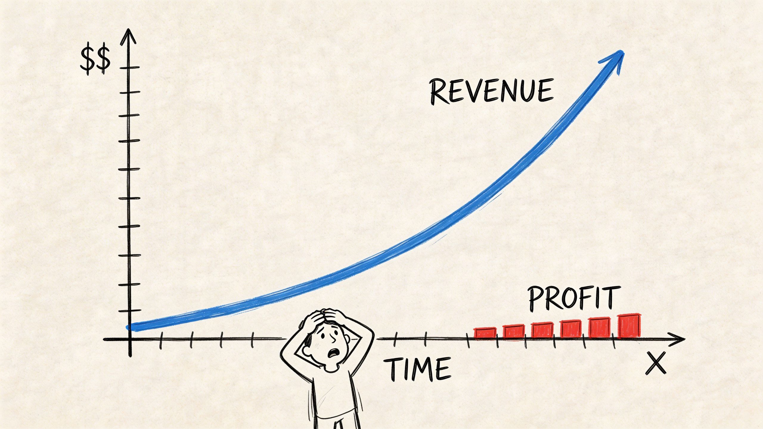 A hand-drawn illustration showing a person stressed because rising business revenue contrasts with flat, low profit.
