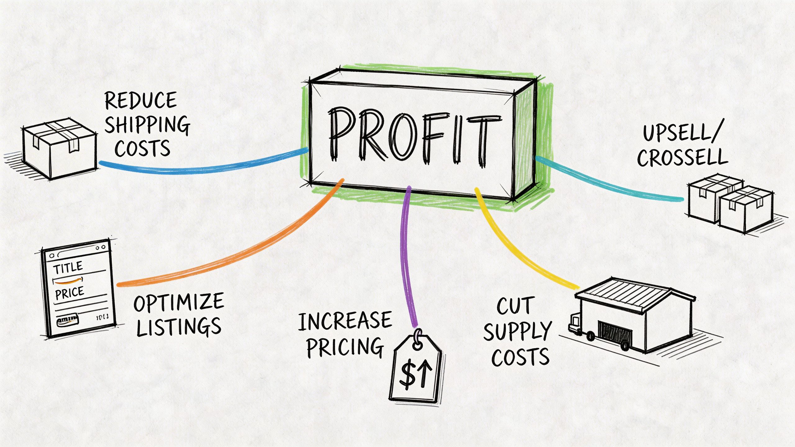 A conceptual diagram showing five strategies to increase profit, including shipping, listing, and pricing improvements.