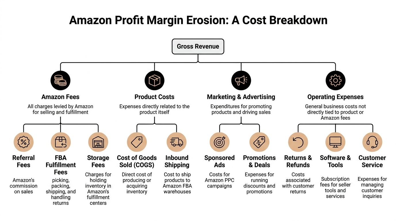 A diagram illustrating the various cost categories that contribute to the erosion of Amazon profit margins.