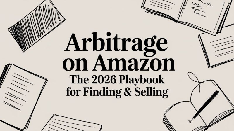 Promotional banner: 'Arbitrage on Amazon—The 2026 Playbook for Finding & Selling' with doodle notebooks around it.
