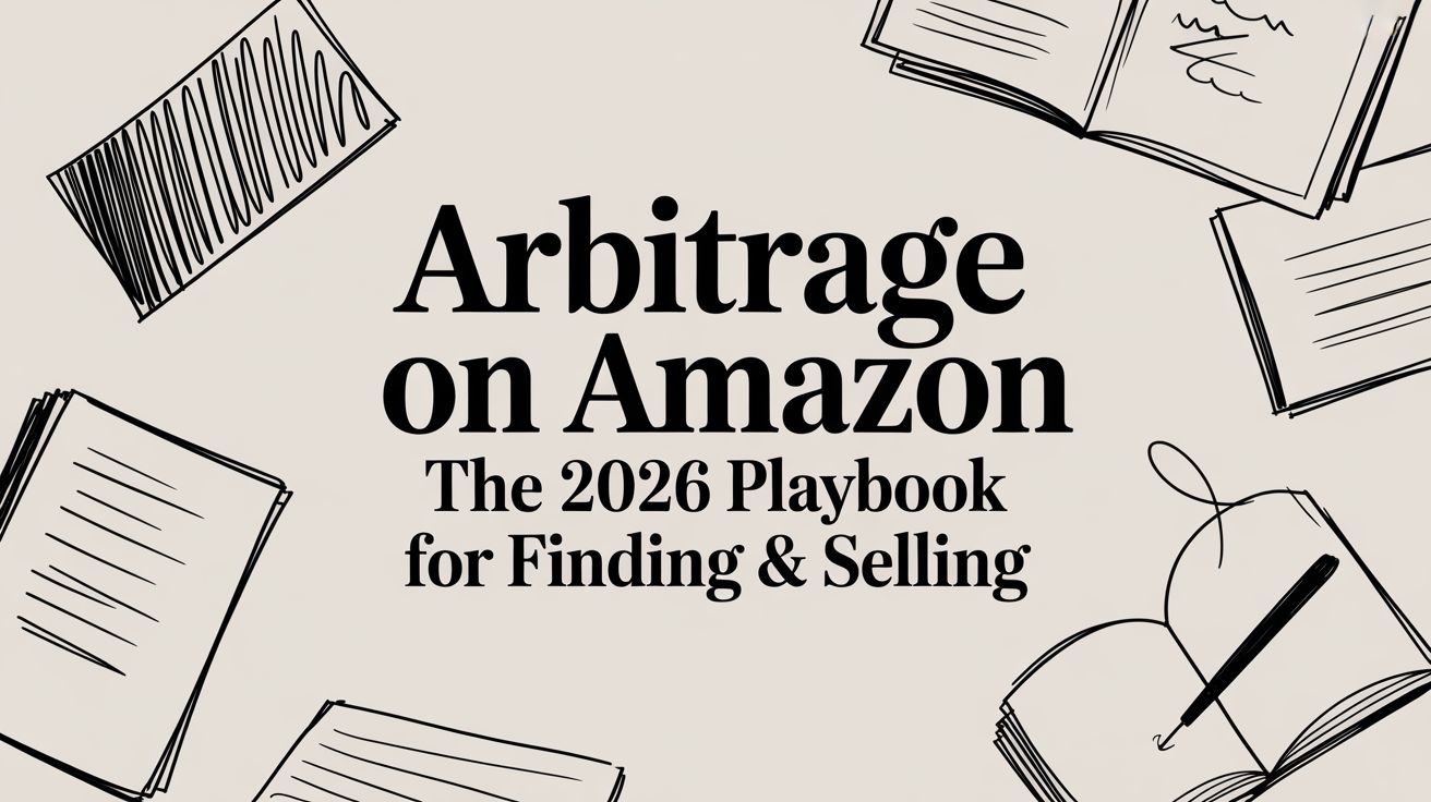 arbitrage-on-amazon-guidebook-cover - EntreResource.com Promotional banner: 'Arbitrage on Amazon—The 2026 Playbook for Finding & Selling' with doodle notebooks around it.