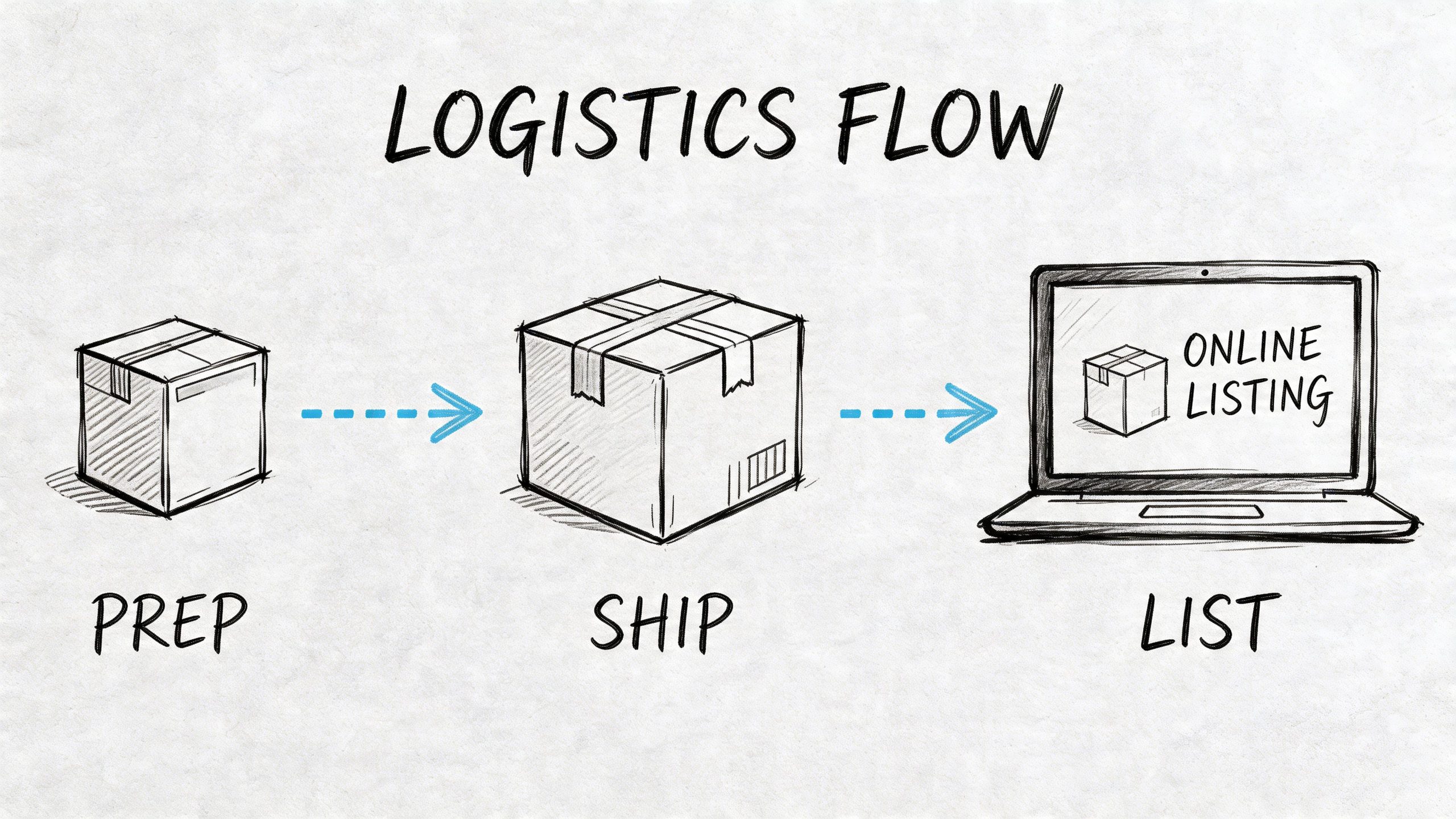 A hand-drawn illustration showing the logistics flow of items: prep, ship, and list for online selling.