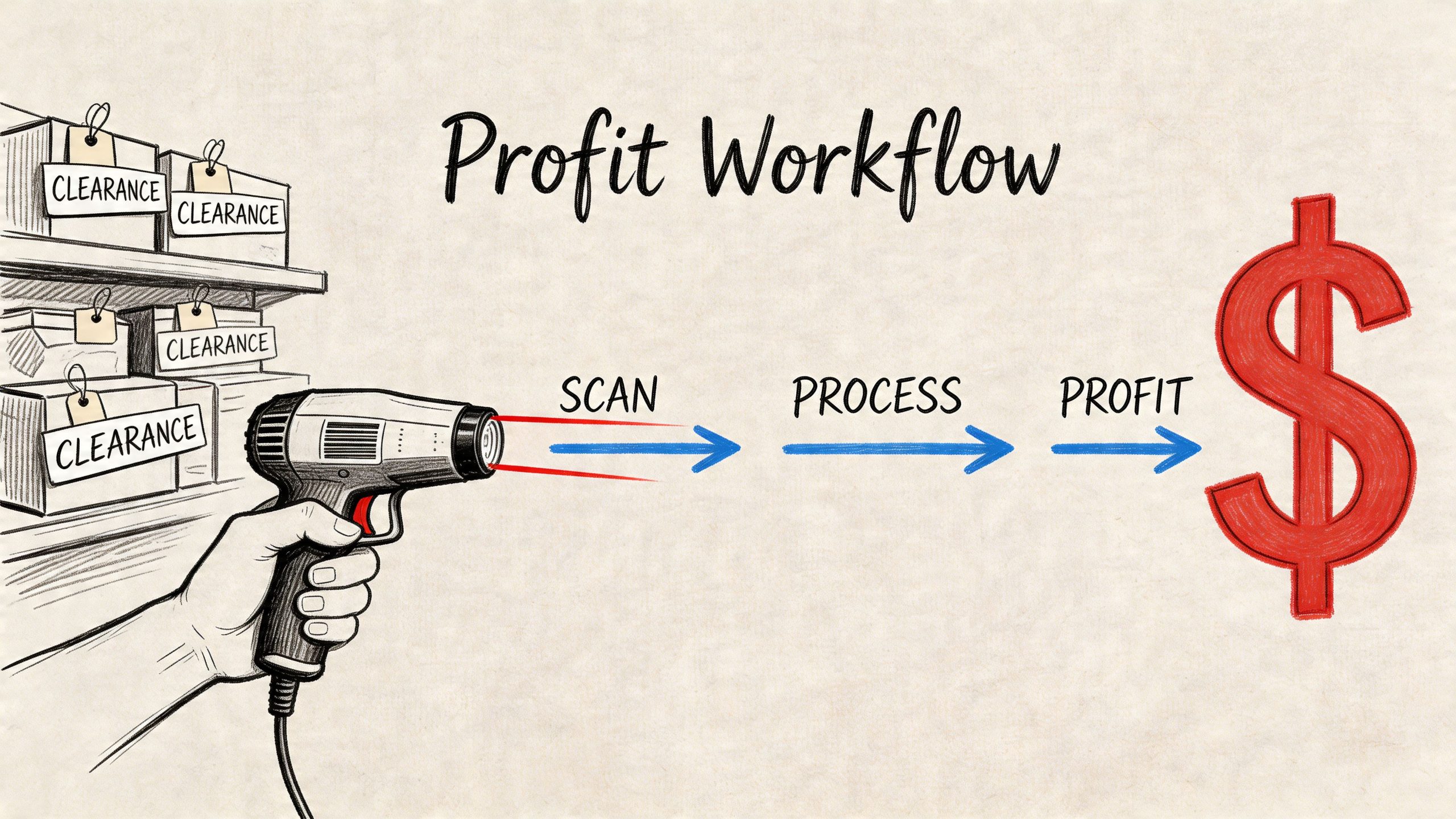 A hand scanning clearance items with a barcode scanner to generate profit through a retail workflow process.