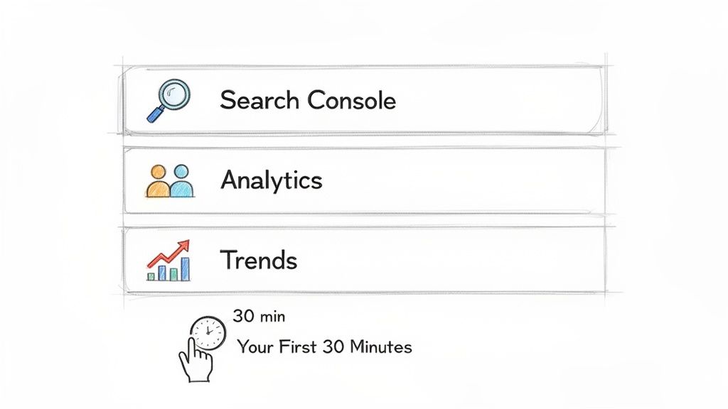An illustration showing three boxes labeled Search Console, Analytics, and Trends, with a clock for a 30-minute guide.