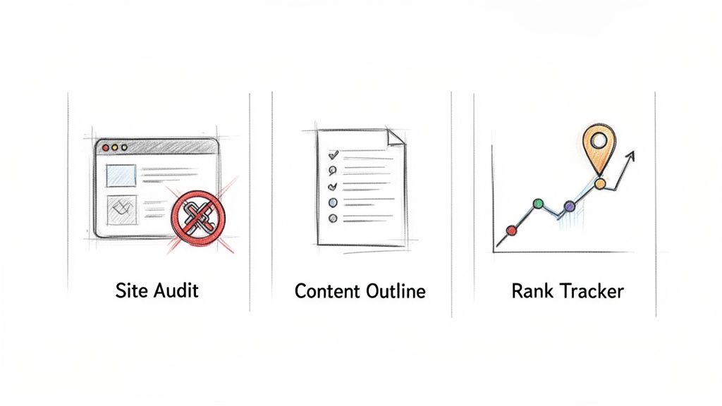 Three SEO tools: Site Audit, Content Outline, and Rank Tracker icons, sketched on a white background.