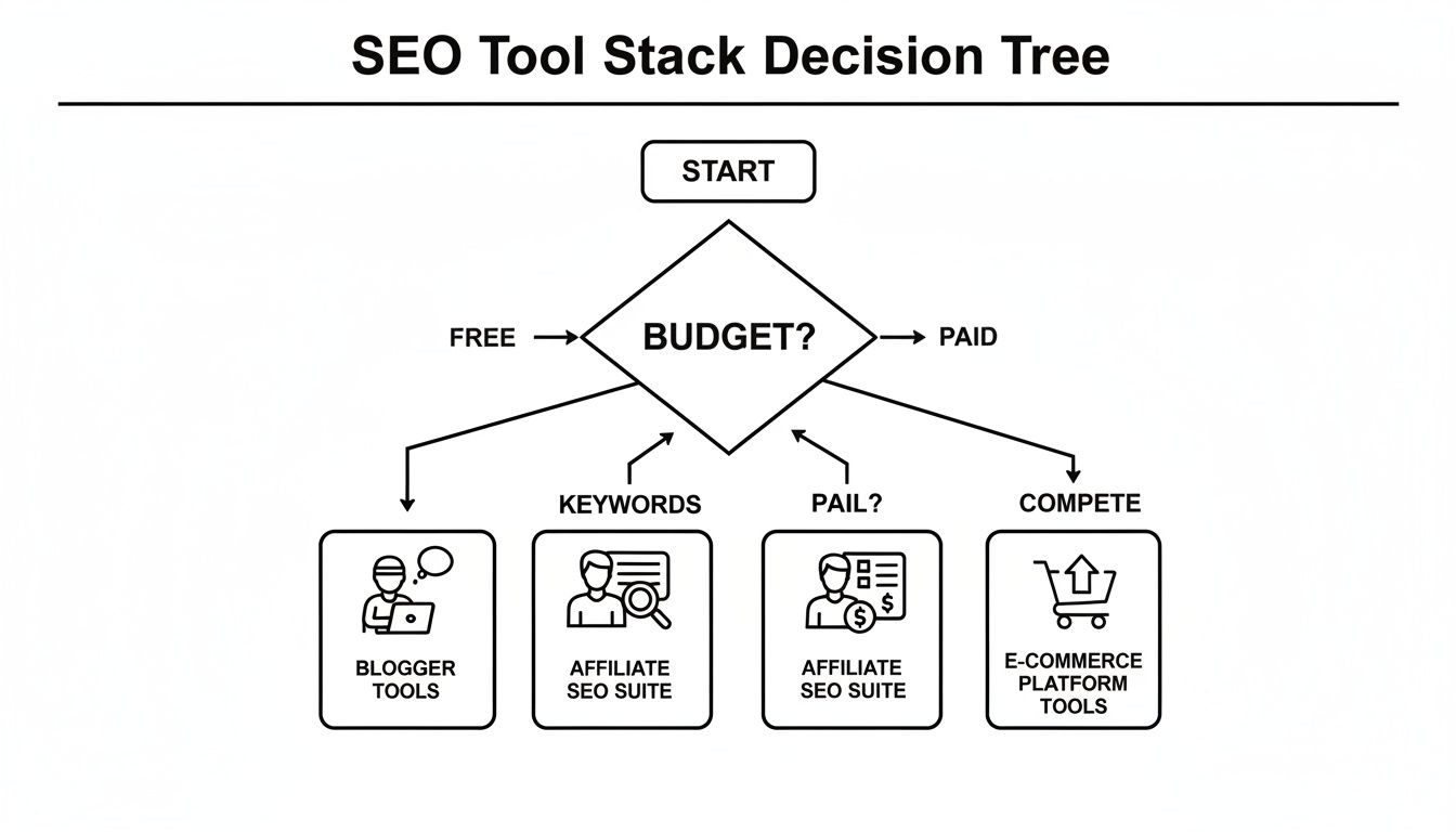 Decision tree for selecting SEO tools based on budget, leading to free blogger or paid affiliate/e-commerce tools.