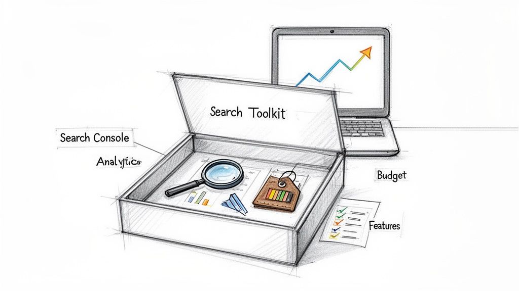 Illustration of a 'Search Toolkit' with SEO tools, analytics, budget, and a laptop displaying growth.