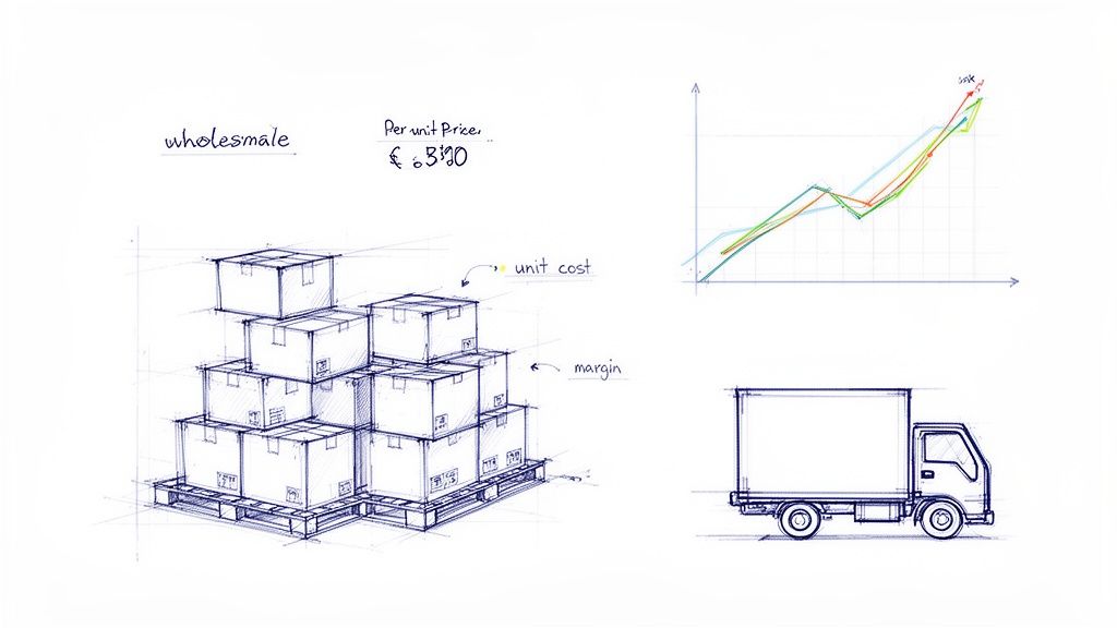 A hand-drawn sketch illustrating business concepts including wholesale pricing, inventory management, sales growth, and delivery logistics.
