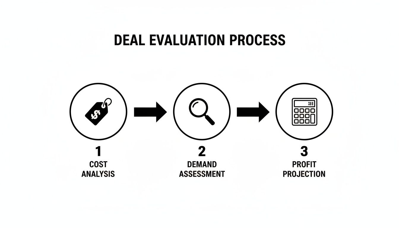 A diagram outlining the deal evaluation process: Cost Analysis, Demand Assessment, and Profit Projection.