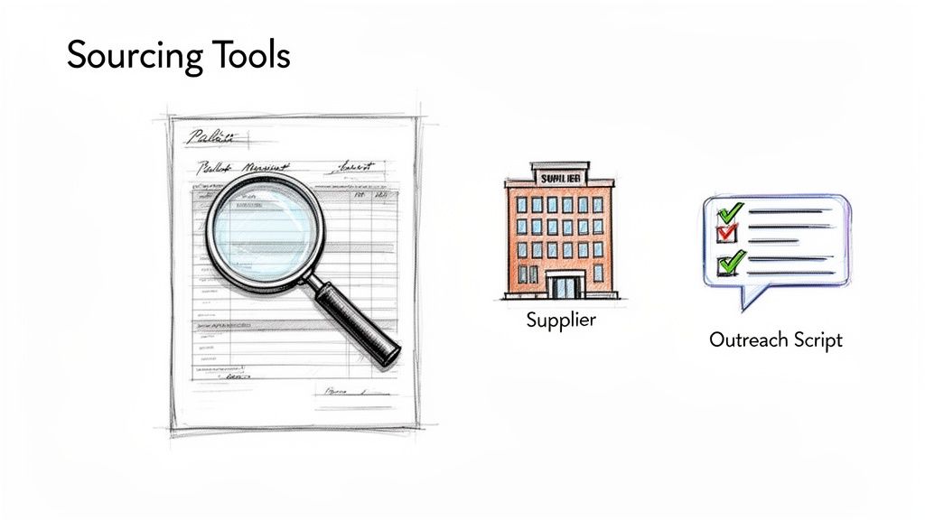 Illustration of sourcing tools: a magnifying glass over a document, a supplier building, and an outreach script.