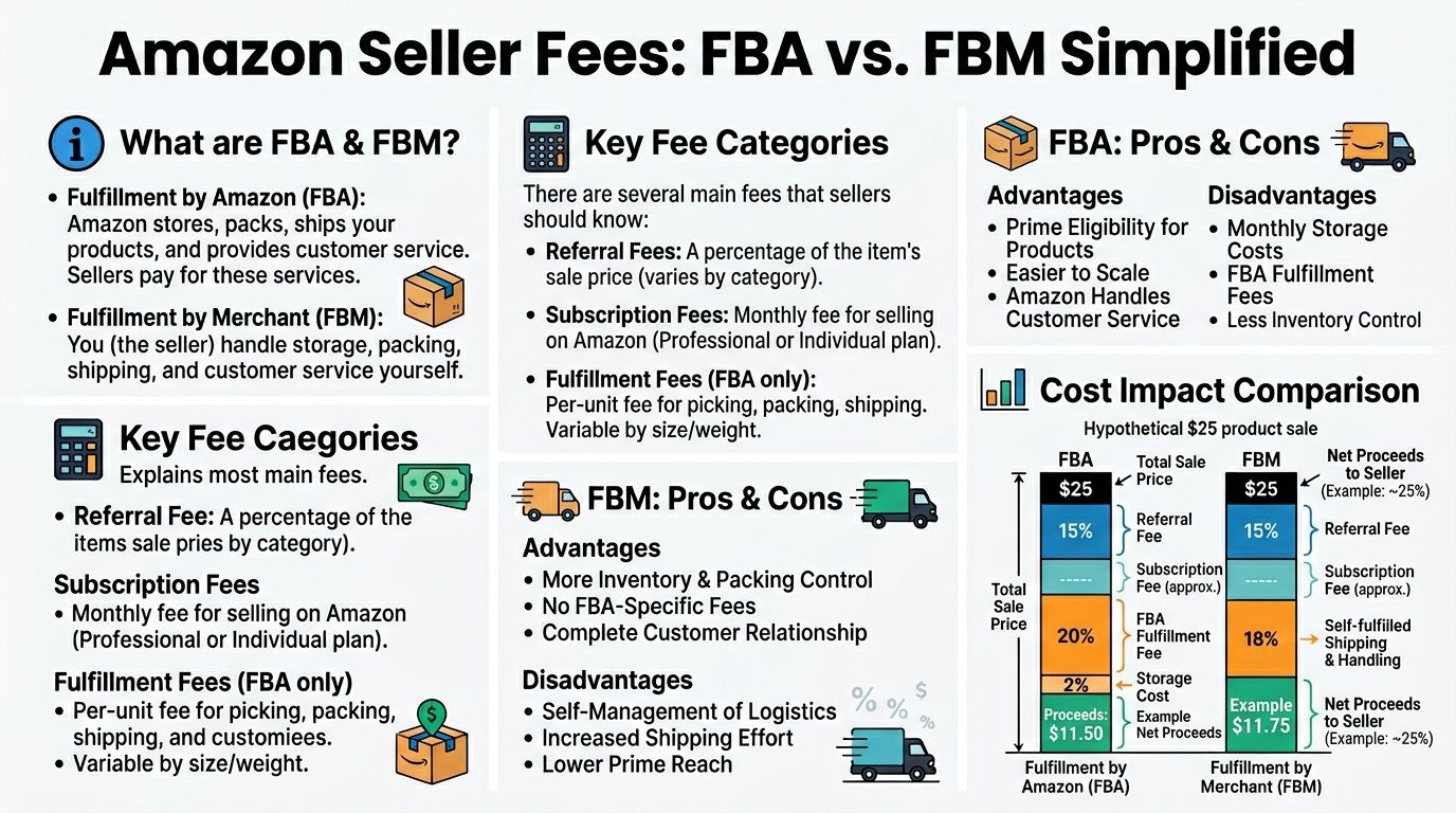 A comparison infographic explaining the differences between Amazon FBA and FBM fulfillment services for online sellers.