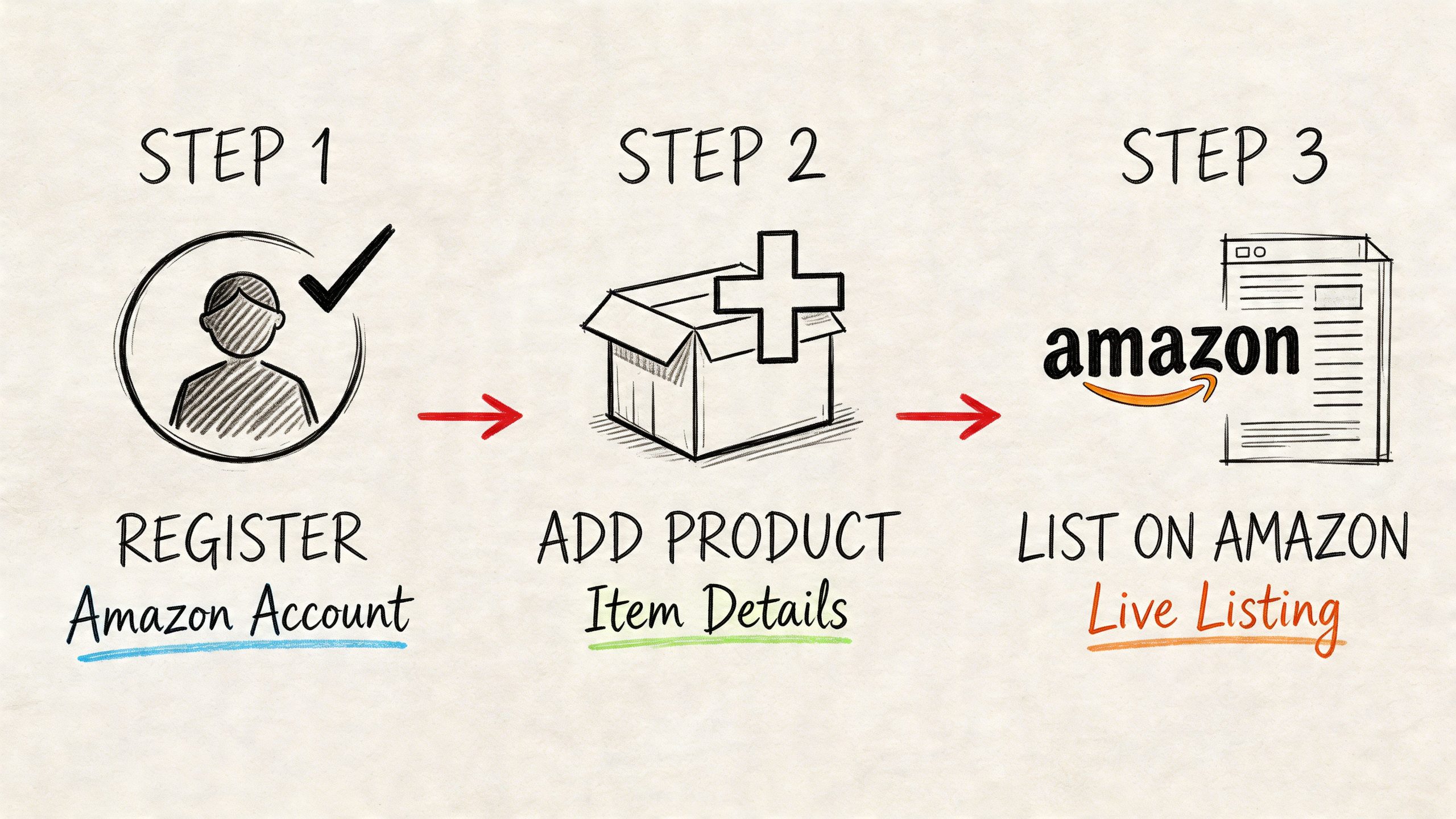 A simple three-step diagram illustrating how to register an Amazon account and list products for sale.