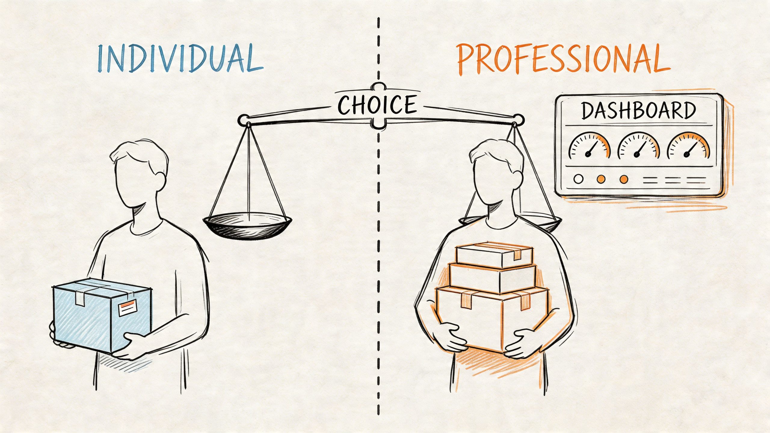 A conceptual illustration comparing an individual selling a single item versus a professional business managing multiple shipments.