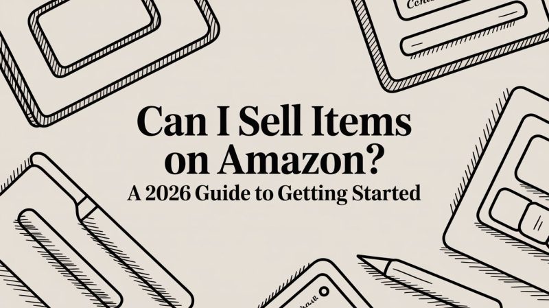 can-i-sell-items-on-amazon-illustration - EntreResource.com Can I sell items on Amazon? A 2026 guide to getting started (informational header with doodle devices around).