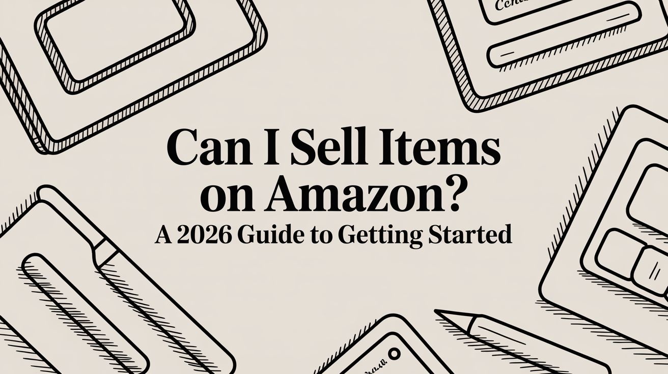 can-i-sell-items-on-amazon-illustration - EntreResource.com Can I sell items on Amazon? A 2026 guide to getting started (informational header with doodle devices around).