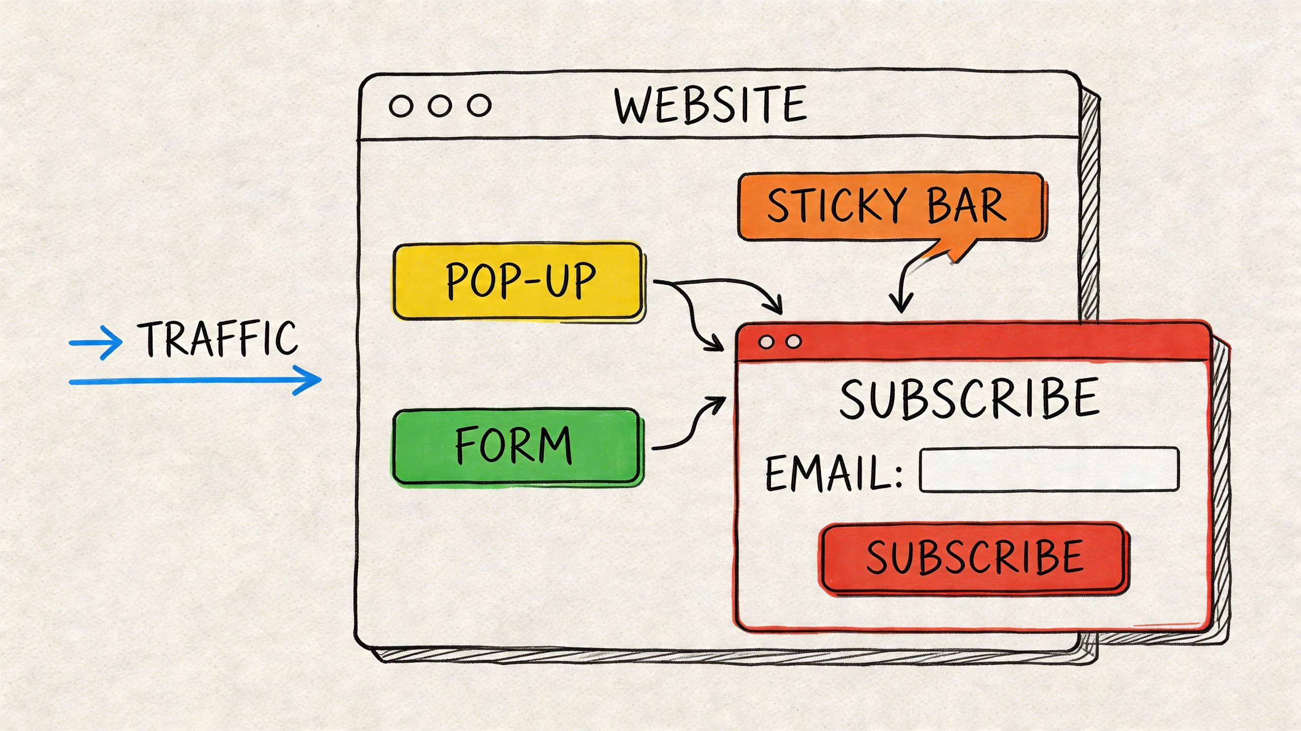 A diagram illustrating different ways to capture email addresses on a website using forms, pop-ups, and sticky bars.