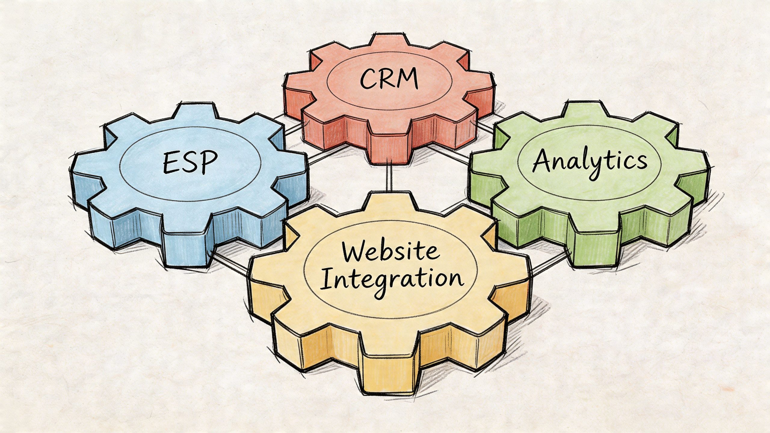 A hand-drawn illustration showing four connected colorful gears labeled ESP, CRM, Analytics, and Website Integration.