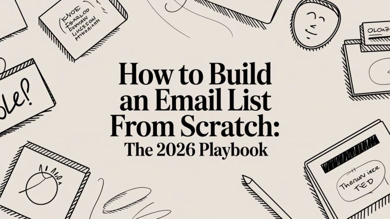 how-to-build-an-email-list-from-scratch-playbook-cover - EntreResource.com Title card reads 'How to Build an Email List From Scratch: The 2026 Playbook' surrounded by hand-drawn office doodles on a beige background.