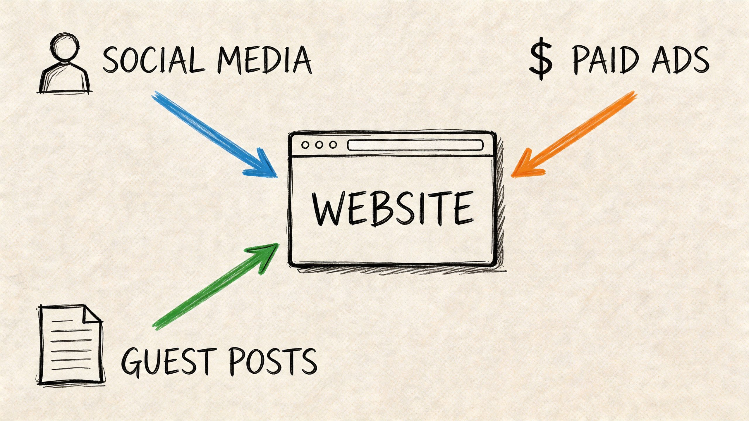 A diagram illustrating how traffic from social media, paid ads, and guest posts flows into a website.