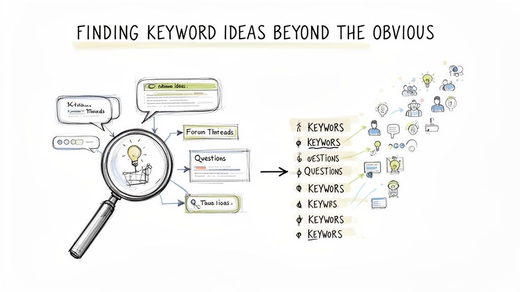A diagram illustrating the process of finding keyword ideas beyond the obvious, using various sources.