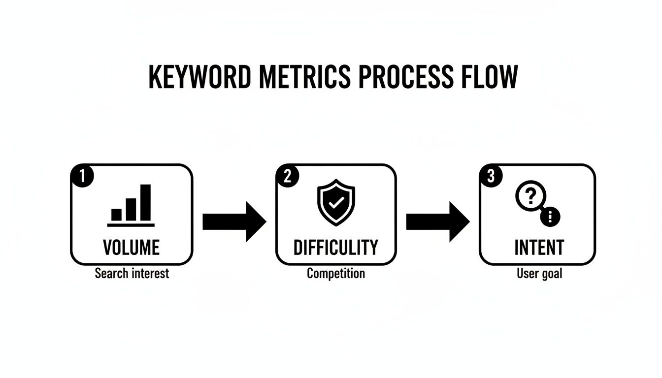 A keyword metrics process flow diagram showing volume, difficulty, and intent as key steps.