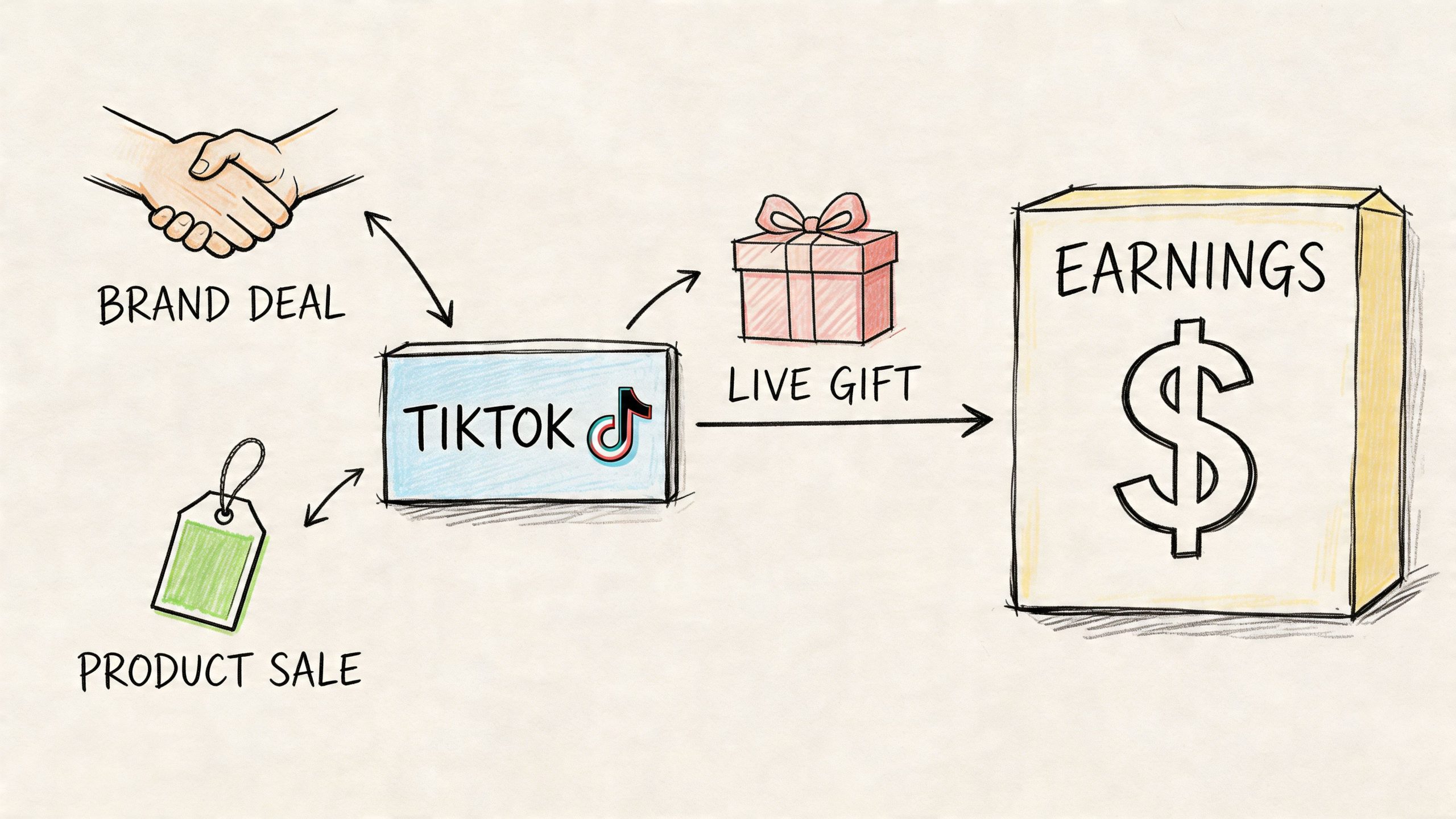An illustration showing how to monetize TikTok via brand deals, product sales, live gifts, and earnings.