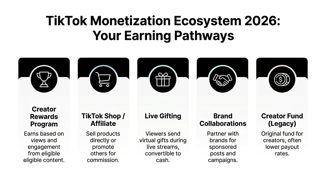 A visual guide outlining five different ways creators can earn money through the TikTok monetization ecosystem in 2026.