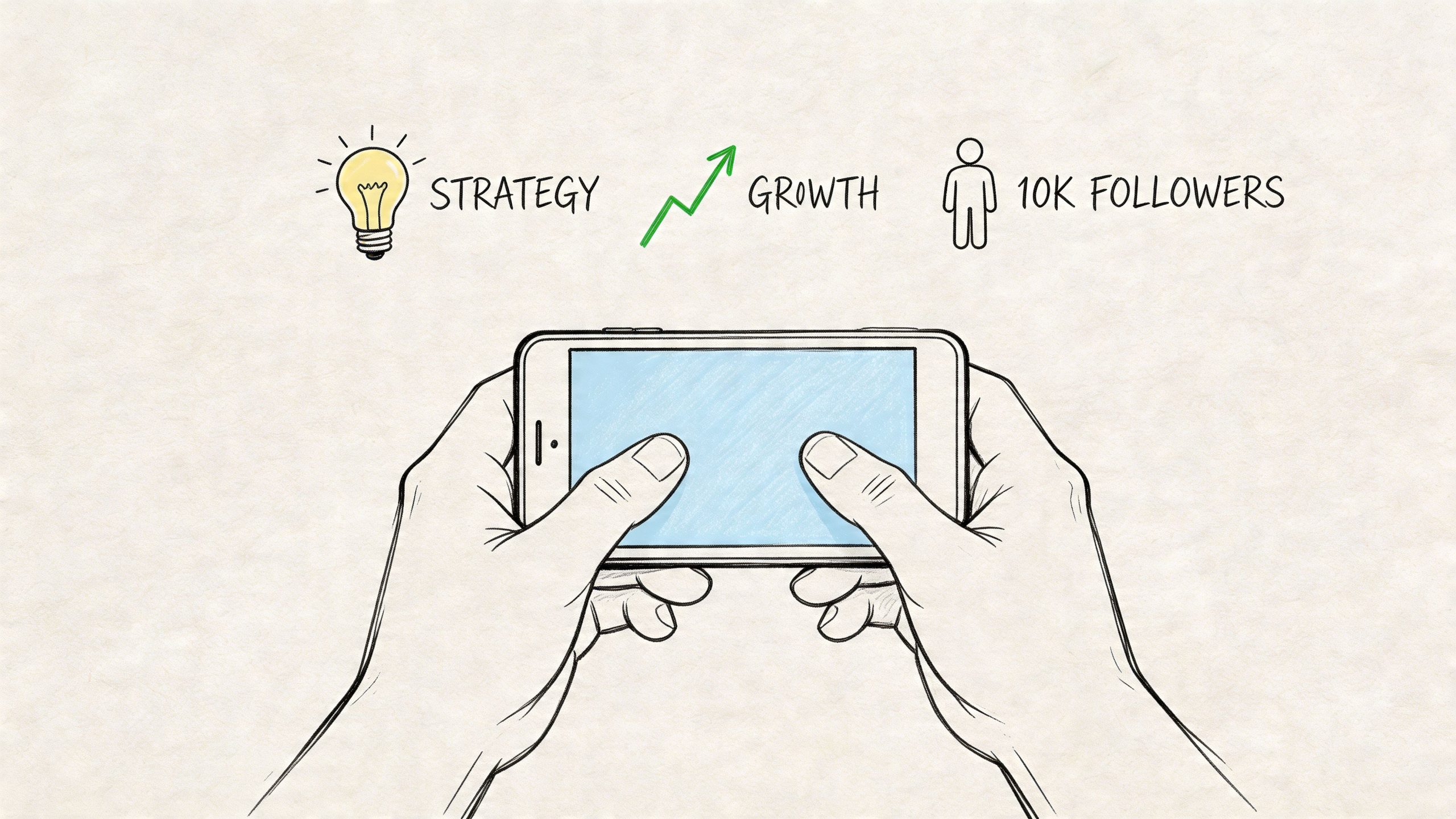 A hand-drawn sketch of hands holding a smartphone, illustrating strategy, growth, and achieving 10k followers.