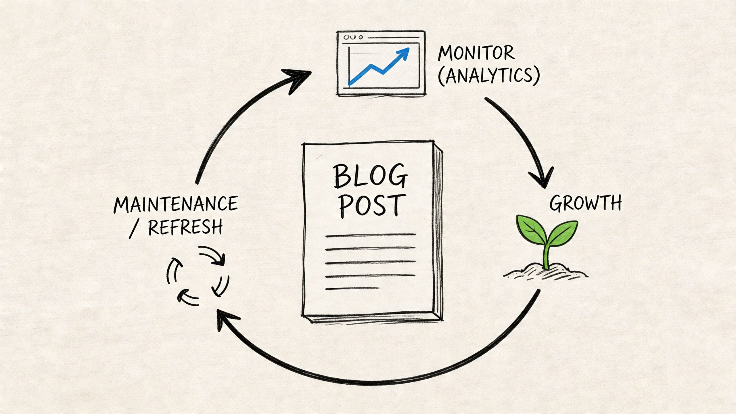 A hand-drawn diagram illustrating the circular lifecycle process of blog post maintenance, monitoring, and content growth.