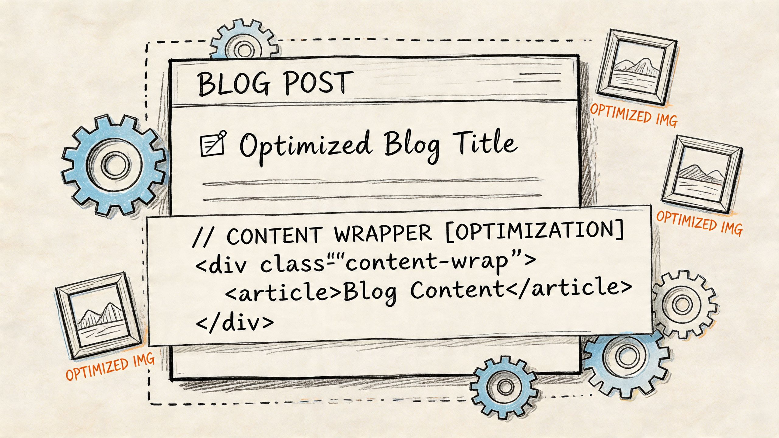 A hand-drawn illustration showing a blog post structure with optimized code, images, and gear icons for SEO.