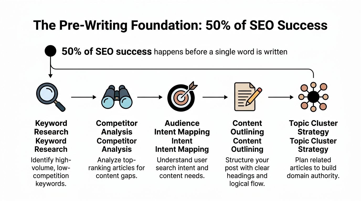 A flowchart infographic illustrating five essential pre-writing steps for achieving SEO success for blog content.