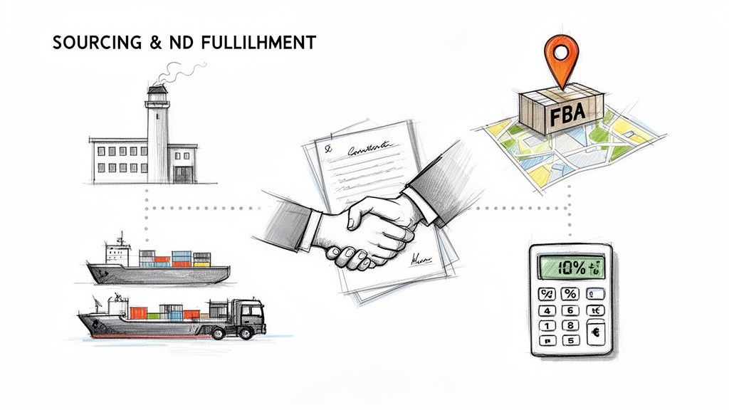 A visual guide to product sourcing, international shipping, supplier agreements, and FBA fulfillment costs.