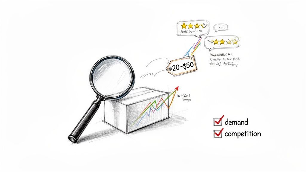 Magnifying glass over a product box, showing price, reviews, demand growth, and competition analysis.