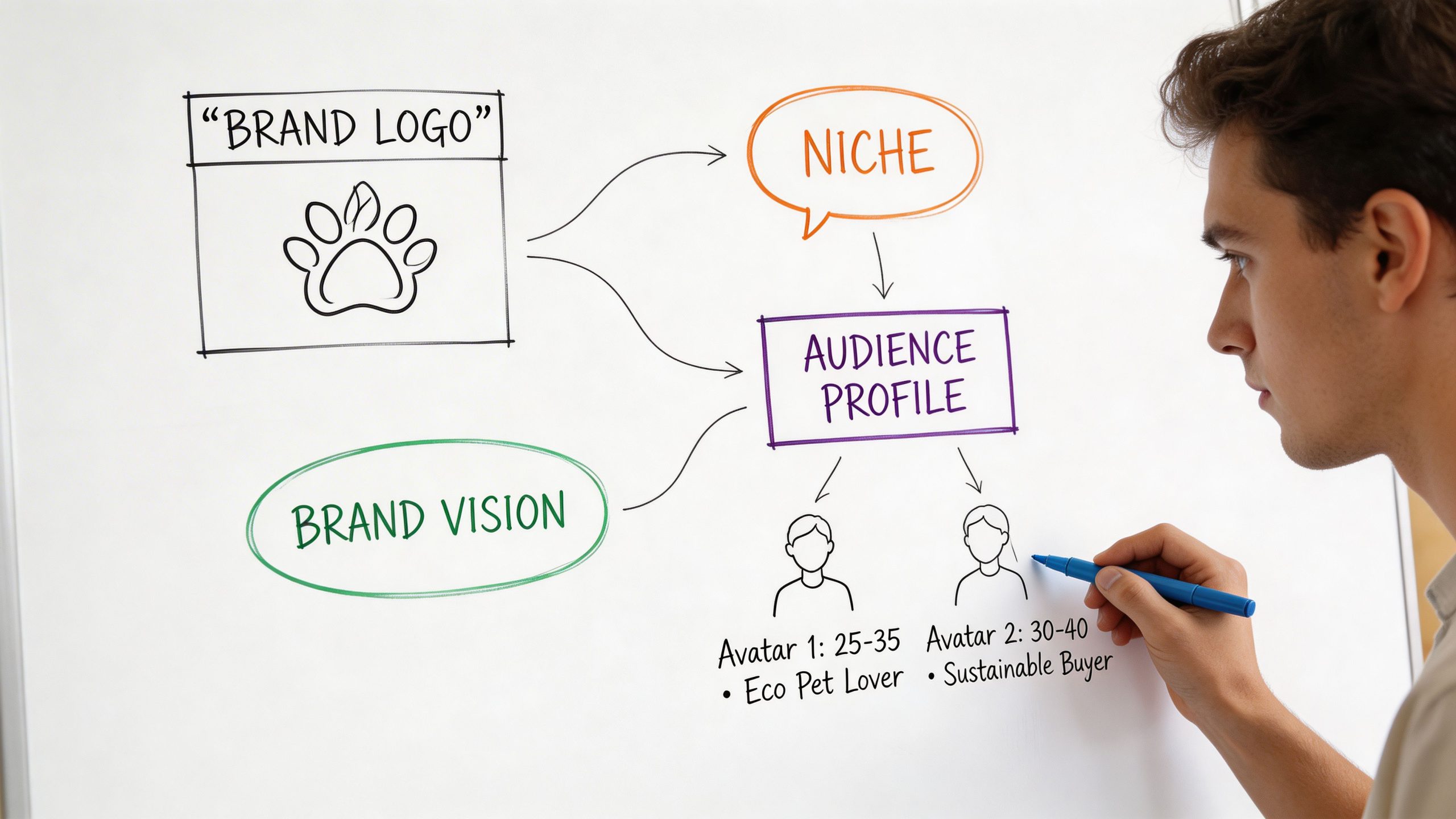 A young man writes on a whiteboard outlining a business brand strategy with audience profiles and logos.