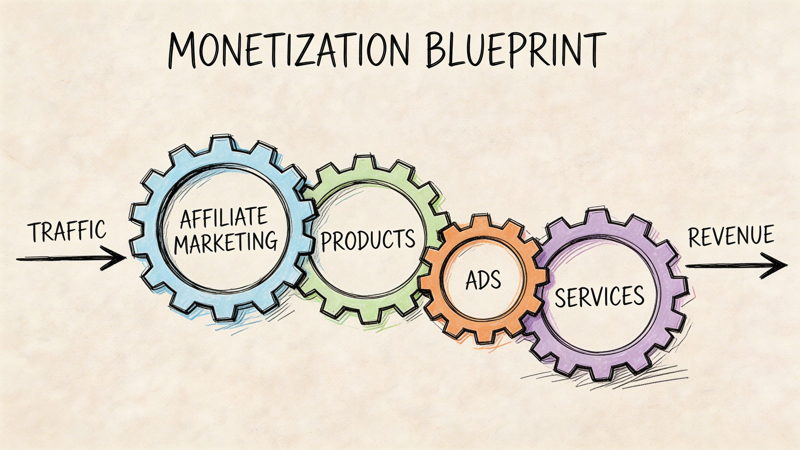 A diagram illustrating a monetization blueprint with gears showing traffic, affiliate marketing, products, ads, services, and revenue.