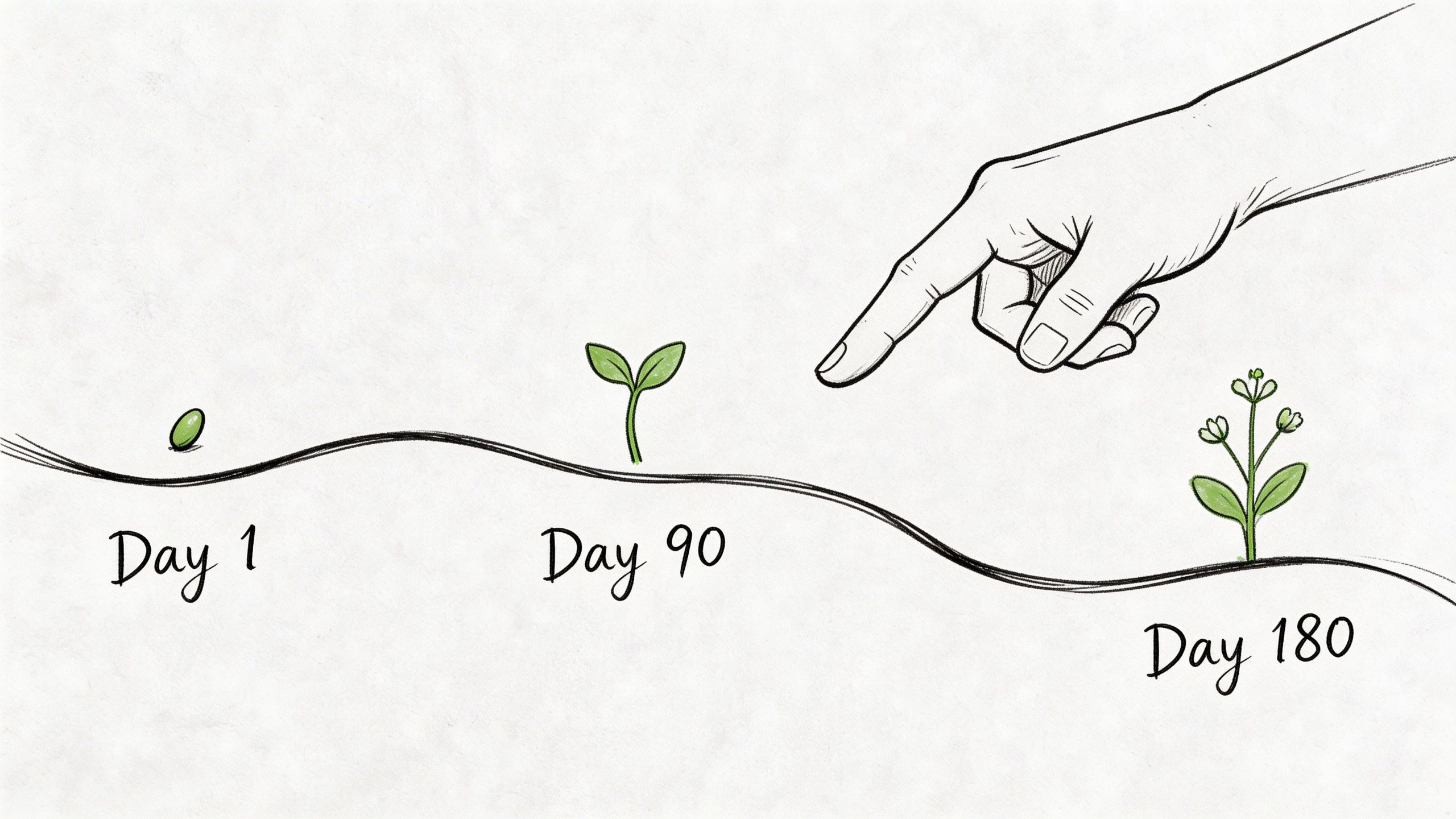 A line drawing showing plant growth stages from a seed at Day 1 to a mature plant at Day 180.