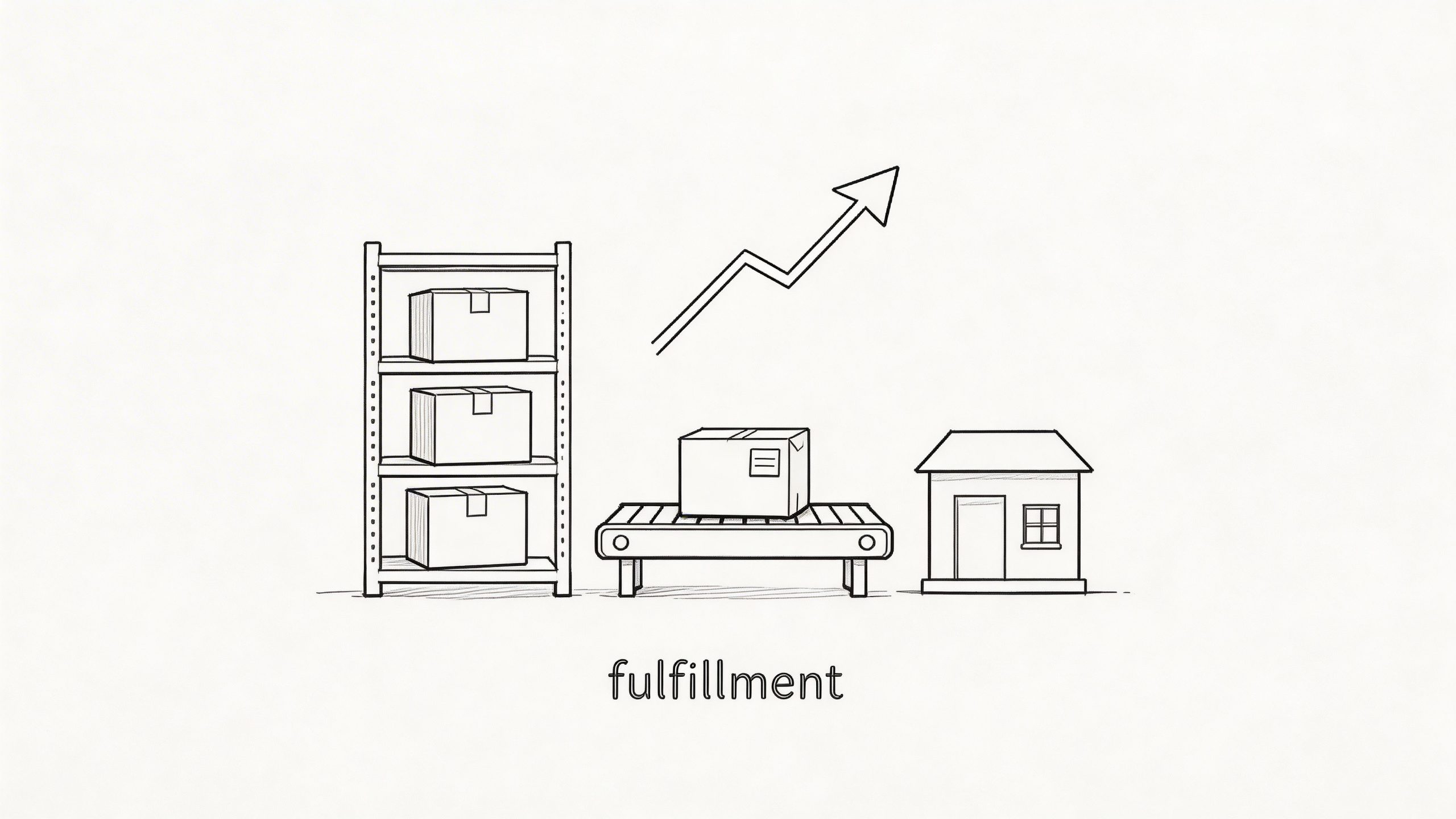 A simple sketch illustrating an order fulfillment process with storage shelves, a conveyor belt, and a house.