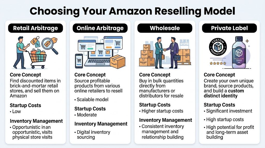 A comparison chart outlining four different Amazon business models including Retail Arbitrage, Online Arbitrage, Wholesale, and Private Label.