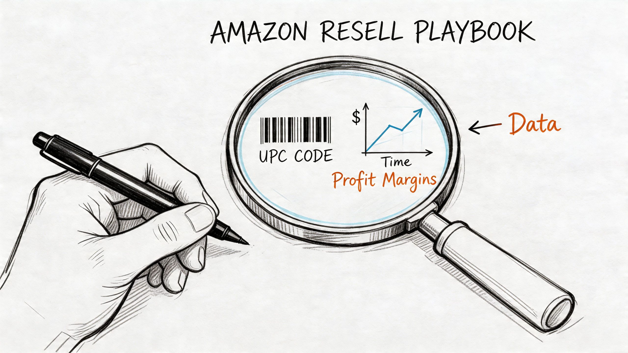 A hand holding a pen with a magnifying glass showing a barcode and profit margin graph.