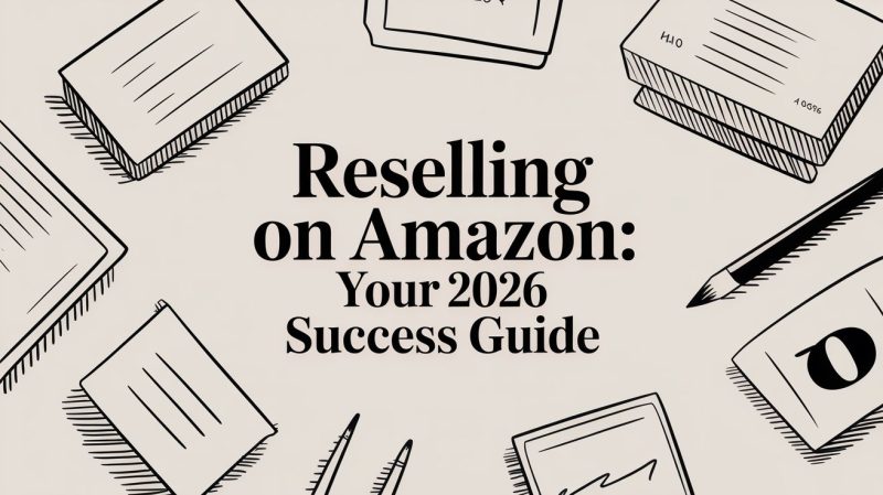 Guide cover: 'Reselling on Amazon: Your 2026 Success Guide' surrounded by hand-drawn office supplies.